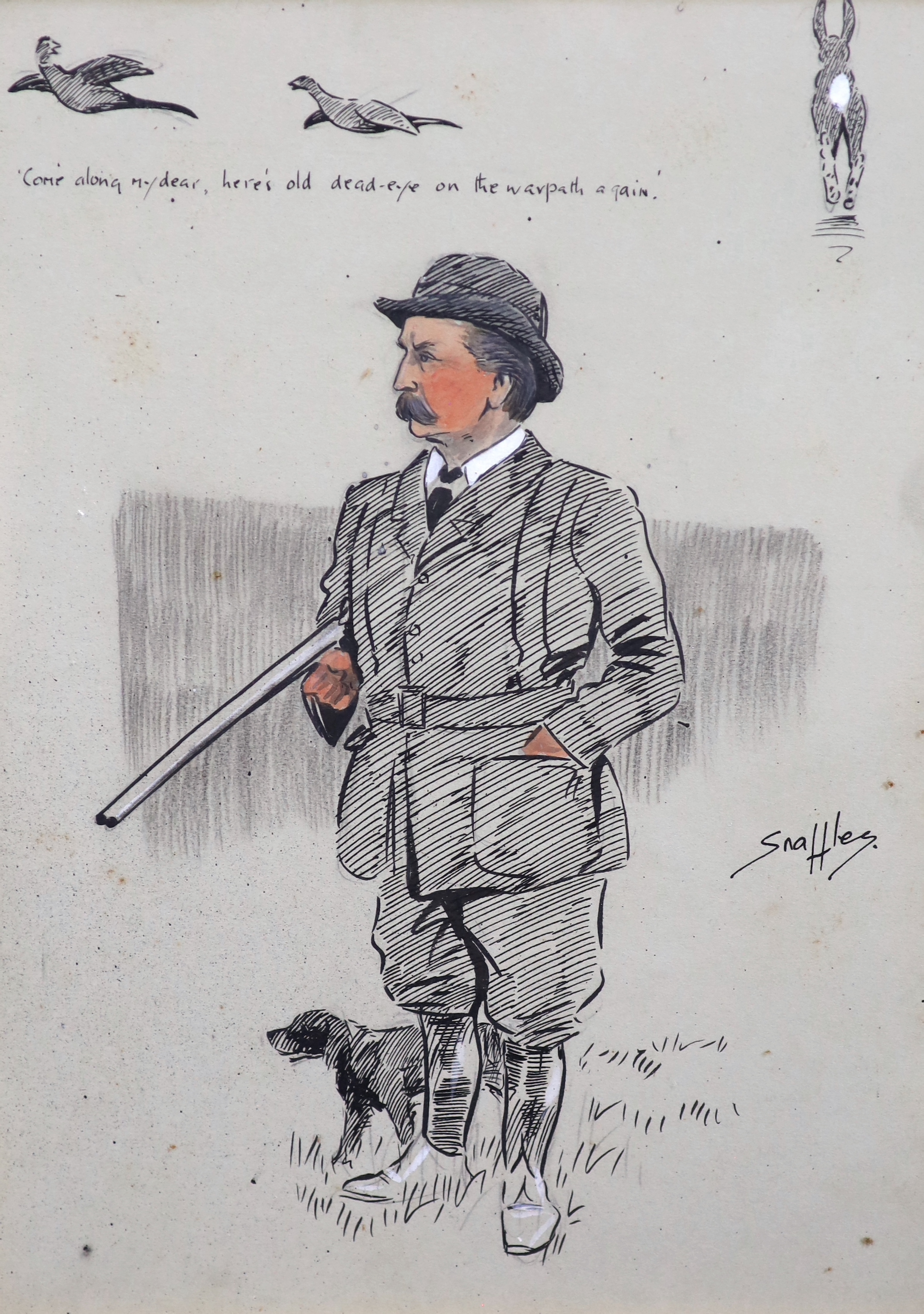 Charles Johnston Payne (Snaffles) (English 1884–1967), 'Come along my dear, here's old Dead-eye on the warpath again', ink and conté crayon, 29 x 21.5cm